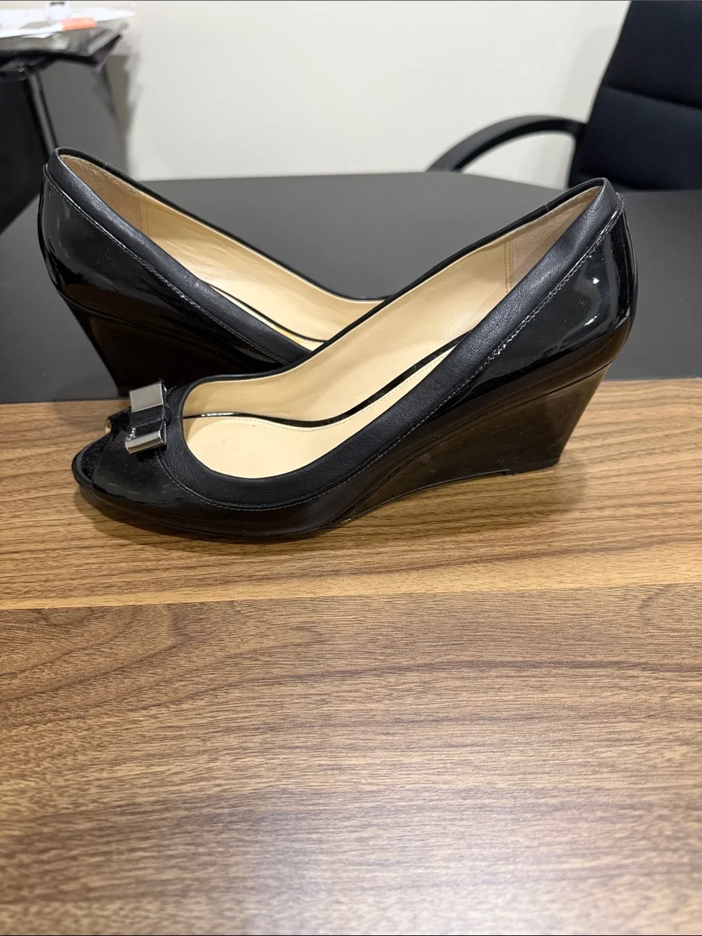 Coach Black Patent Leather Peep-Toe Heels with Bow Accent